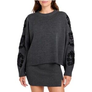 Splendid Leanna Sequin Embroidered Wool Blend Sweater Women Size S Heather Gray